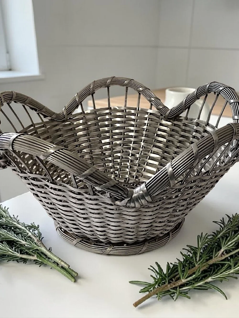 French Woven Wire Basket Vintage Silver Tone Scalloped Edge Farmhouse Country